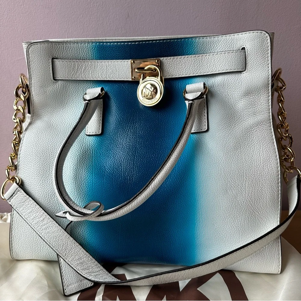 MICHAEL KORS Hamilton Spray Large Pebble Leather Tote Bag White/Blue